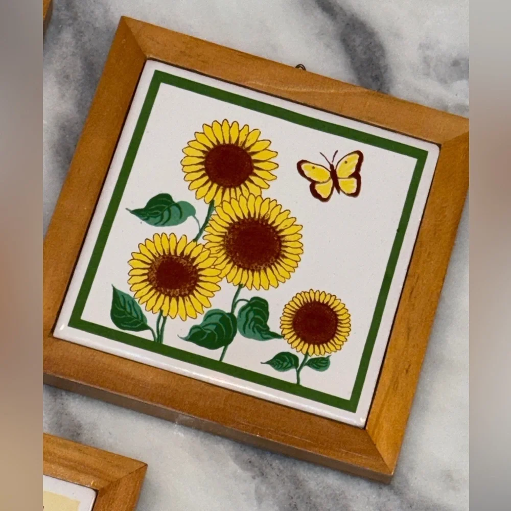Vintage Wood Framed Ceramic Tiles Pine Frame Bird House, Sunflower, Apple.